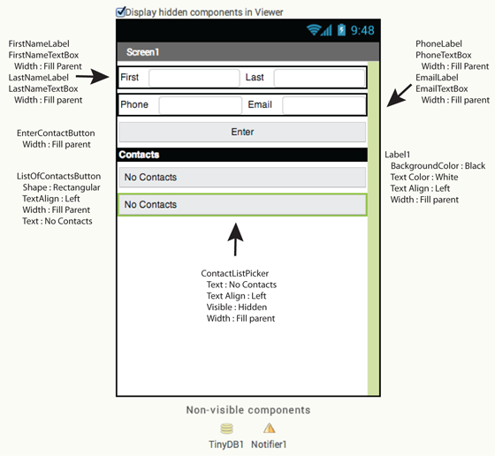 App Inventor Contact App Design View
